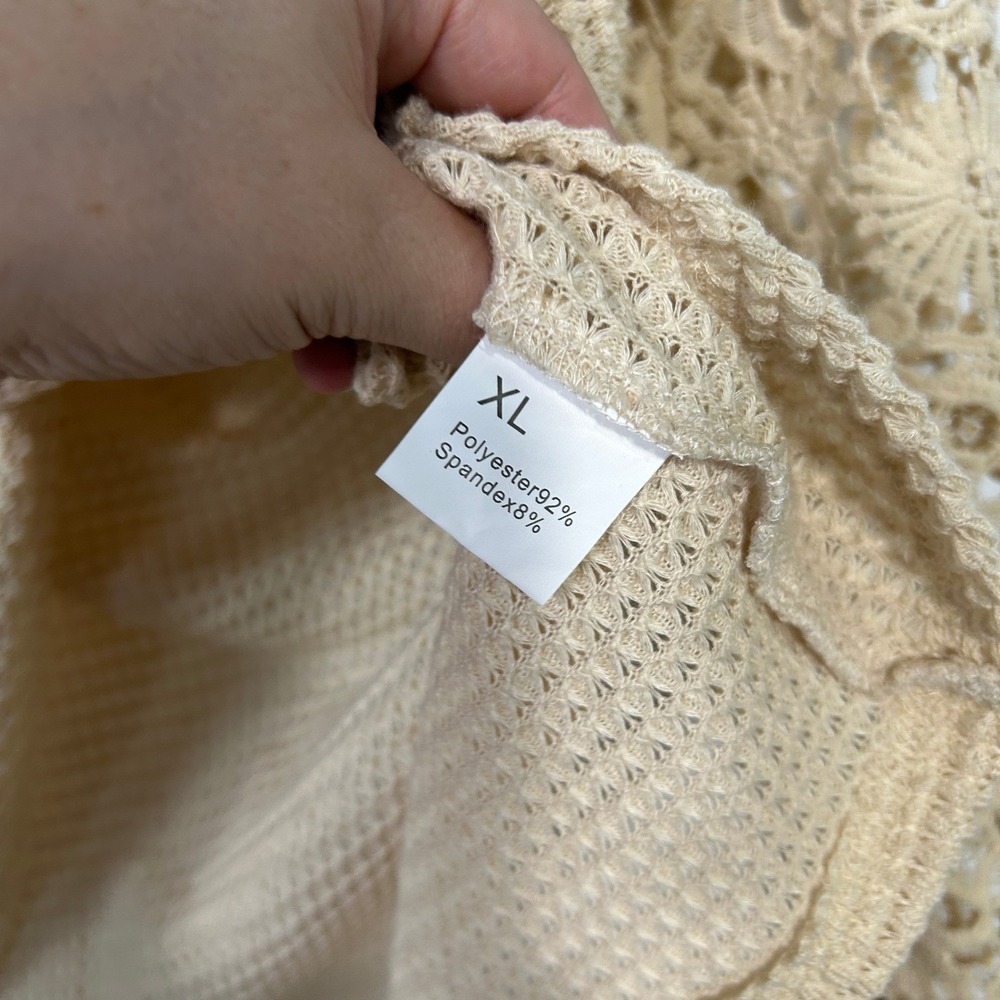 Waffle Knit Knot Front Sweater Romantic XL Beige Lace‎ Sleeve Boho Soft Indie - Picture 4 of 8